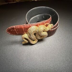 VTG Vicenza Belt Snake Buckle Mens 32 Brown Gold Croc Calf Leather Italian
